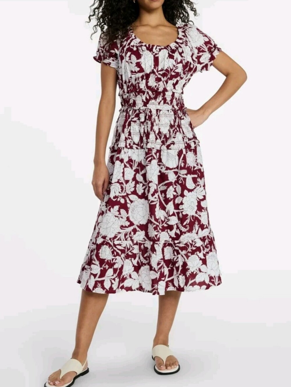 Time and Tru Women's Size L (12-14) Smocked Cotton Peasant Dress Short Sleeves
